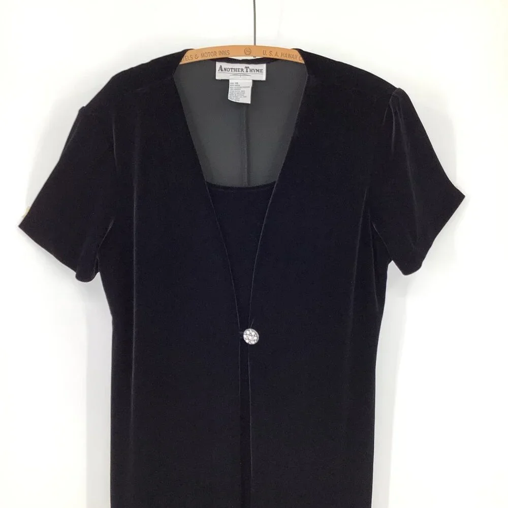 Another Thyme Black Velvet Short Sleeve Dress W/ Rhinestone Button Front Size 16 - Picture 3 of 6